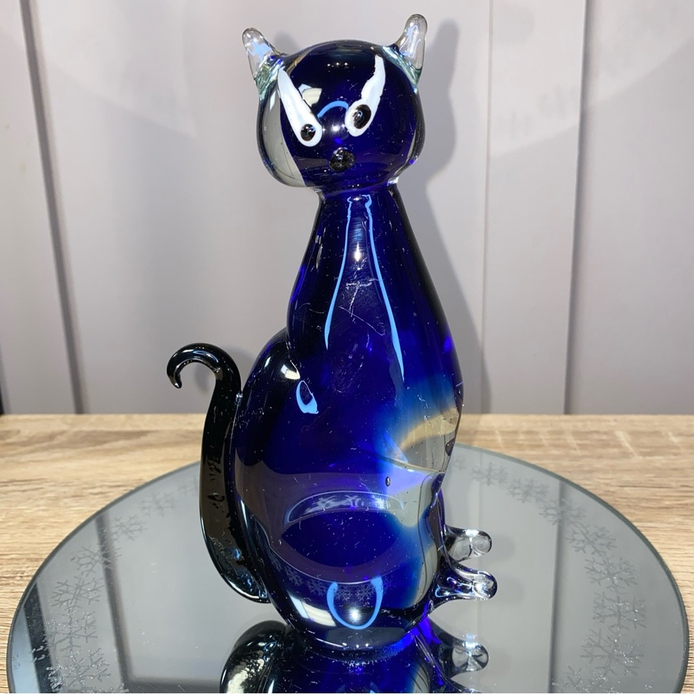 Murano Glass Cat 7.5”Tall Blue Clear Art Designed in Murano Hand Blown